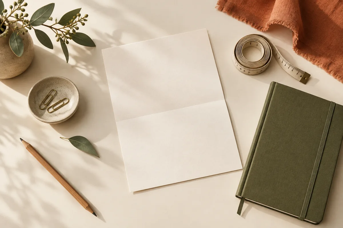 Notebook, blank paper and stationery arranged on a desk